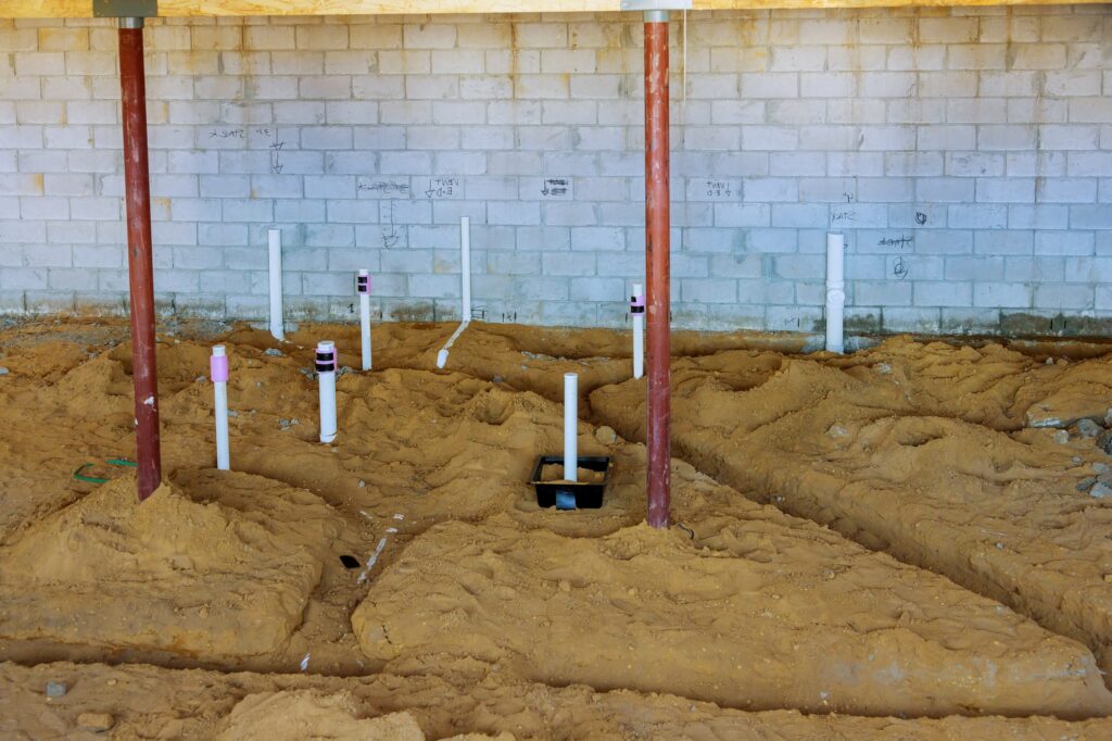 PEX and drain sewer pipes in home basement assembling system of sanitary pipes in the ground